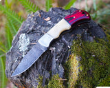 Premium Damascus Folding Knife – EDC Pocket Knife for Hunting and survival - Bone & Red Wood Handle - Comes with sheath