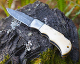 Handmade Damascus Folding Knife - Bone Handle, Razor Sharp EDC Pocket Knife, Premium Hunting, Survival, Outdoor and Collectible Blade