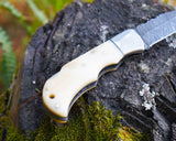 Handmade Damascus Folding Knife - Bone Handle, Razor Sharp EDC Pocket Knife, Premium Hunting, Survival, Outdoor and Collectible Blade