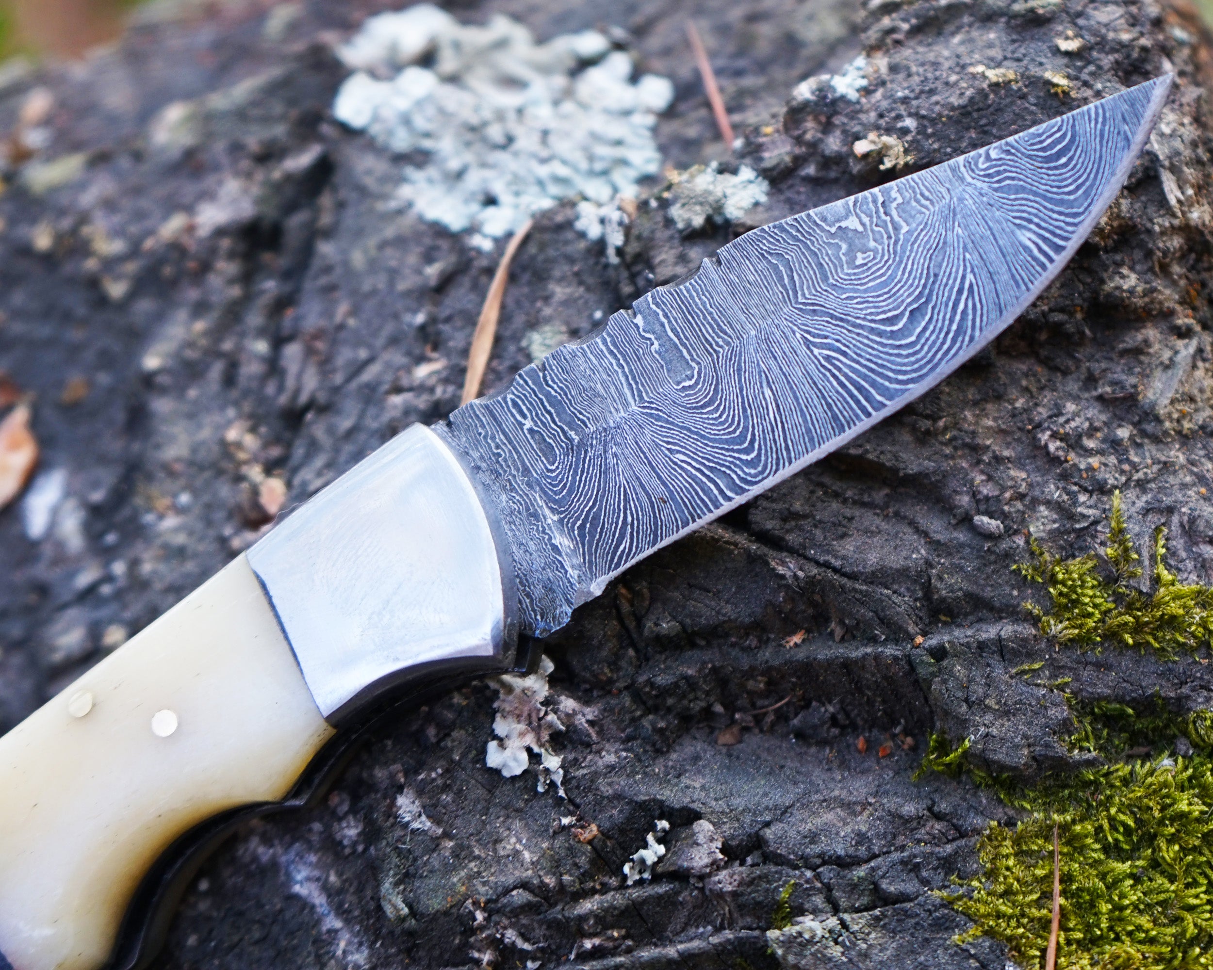 Premium Damascus Folding Knife – EDC Pocket Knife for Hunting and survival - Bone & Red Wood Handle - Comes with sheath