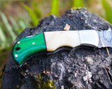Handmade Damascus Folding Knife – Bone and Green Wood HandleSharp EDC Pocket Knife, Premium Hunting & Survival Blade