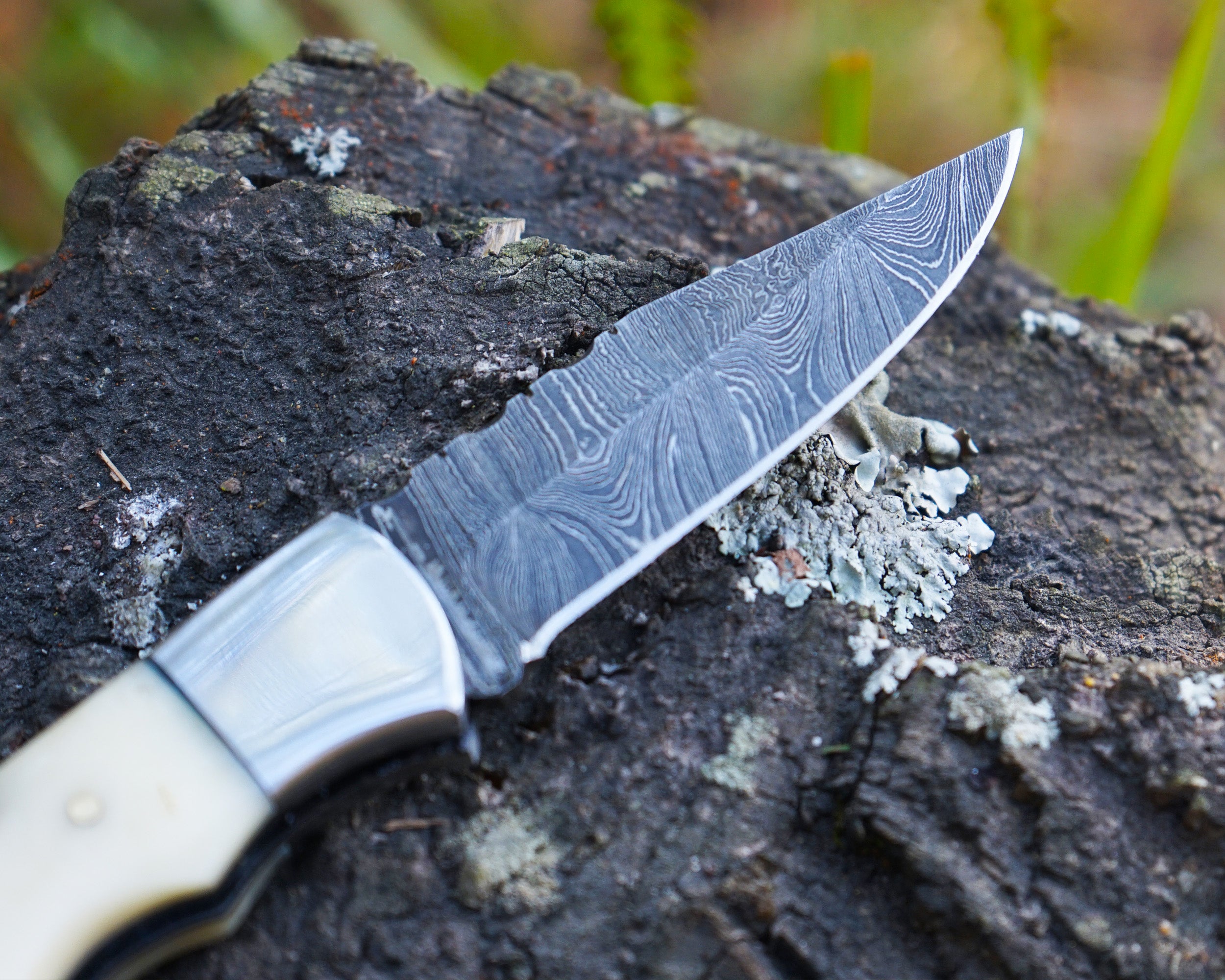 Handmade Damascus Folding Knife - Bone Handle, Razor Sharp EDC Pocket Knife, Premium Hunting, Survival, Outdoor and Collectible Blade