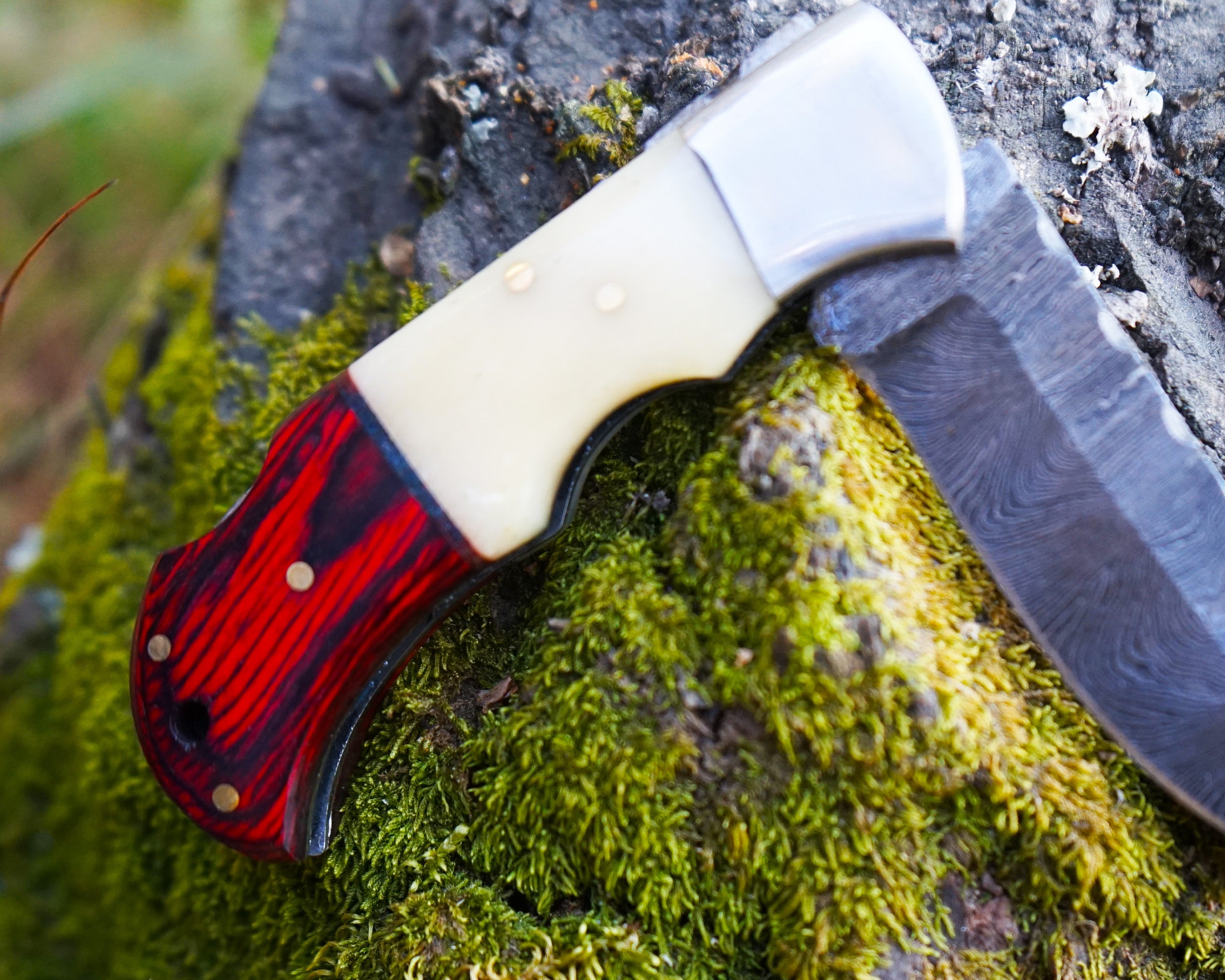 Premium Damascus Folding Knife – EDC Pocket Knife for Hunting and survival - Bone & Red Wood Handle - Comes with sheath