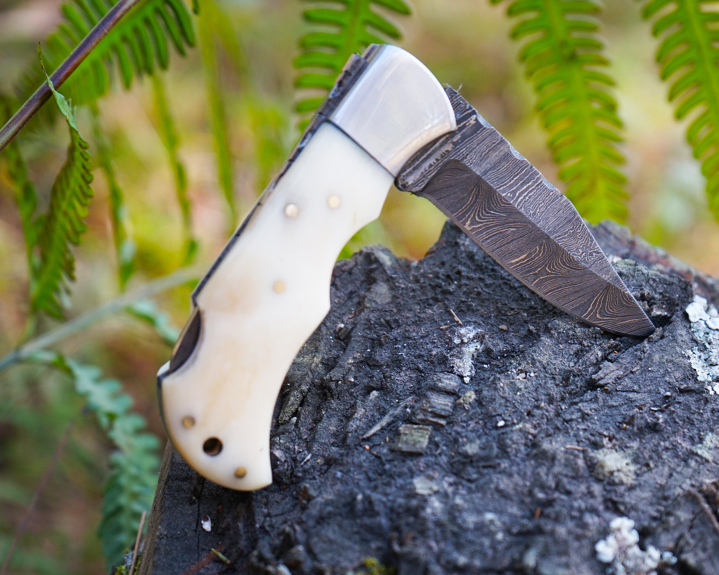 Handmade Damascus Folding Knife - Bone Handle, Razor Sharp EDC Pocket Knife, Premium Hunting, Survival, Outdoor and Collectible Blade