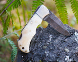 Handmade Damascus Folding Knife - Bone Handle, Razor Sharp EDC Pocket Knife, Premium Hunting, Survival, Outdoor and Collectible Blade