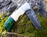 Handmade Damascus Folding Knife – Bone and Green Wood HandleSharp EDC Pocket Knife, Premium Hunting & Survival Blade