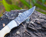 Handmade Damascus Folding Knife – Bone and Green Wood HandleSharp EDC Pocket Knife, Premium Hunting & Survival Blade