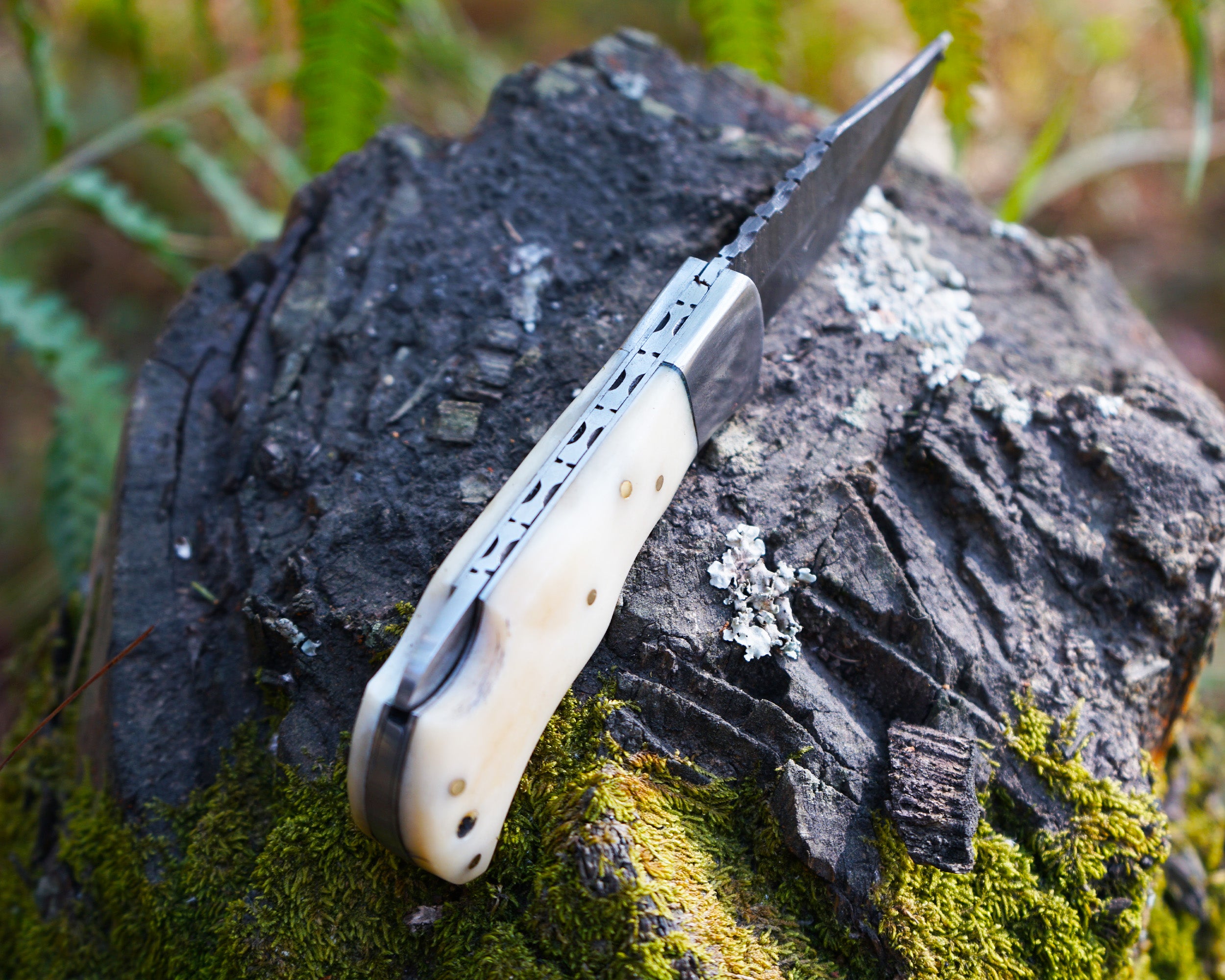 Handmade Damascus Folding Knife - Bone Handle, Razor Sharp EDC Pocket Knife, Premium Hunting, Survival, Outdoor and Collectible Blade