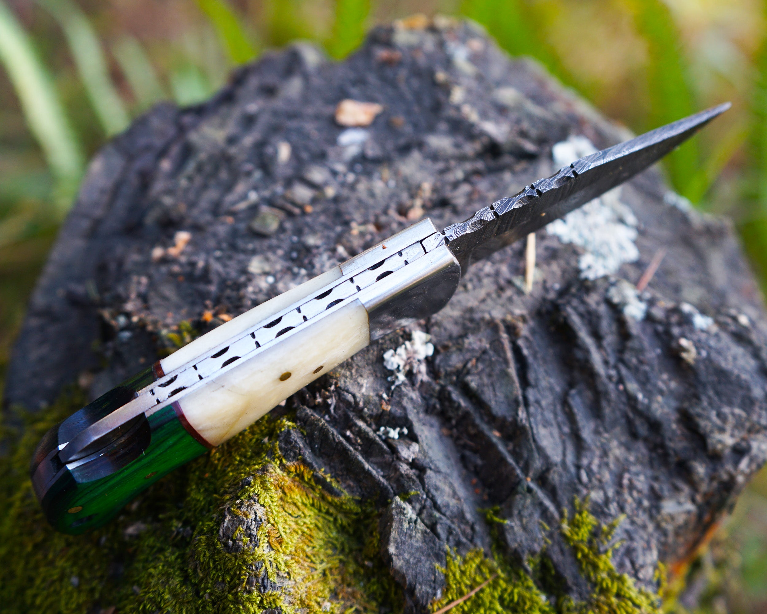 Handmade Damascus Folding Knife – Bone and Green Wood HandleSharp EDC Pocket Knife, Premium Hunting & Survival Blade