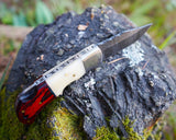 Premium Damascus Folding Knife – EDC Pocket Knife for Hunting and survival - Bone & Red Wood Handle - Comes with sheath
