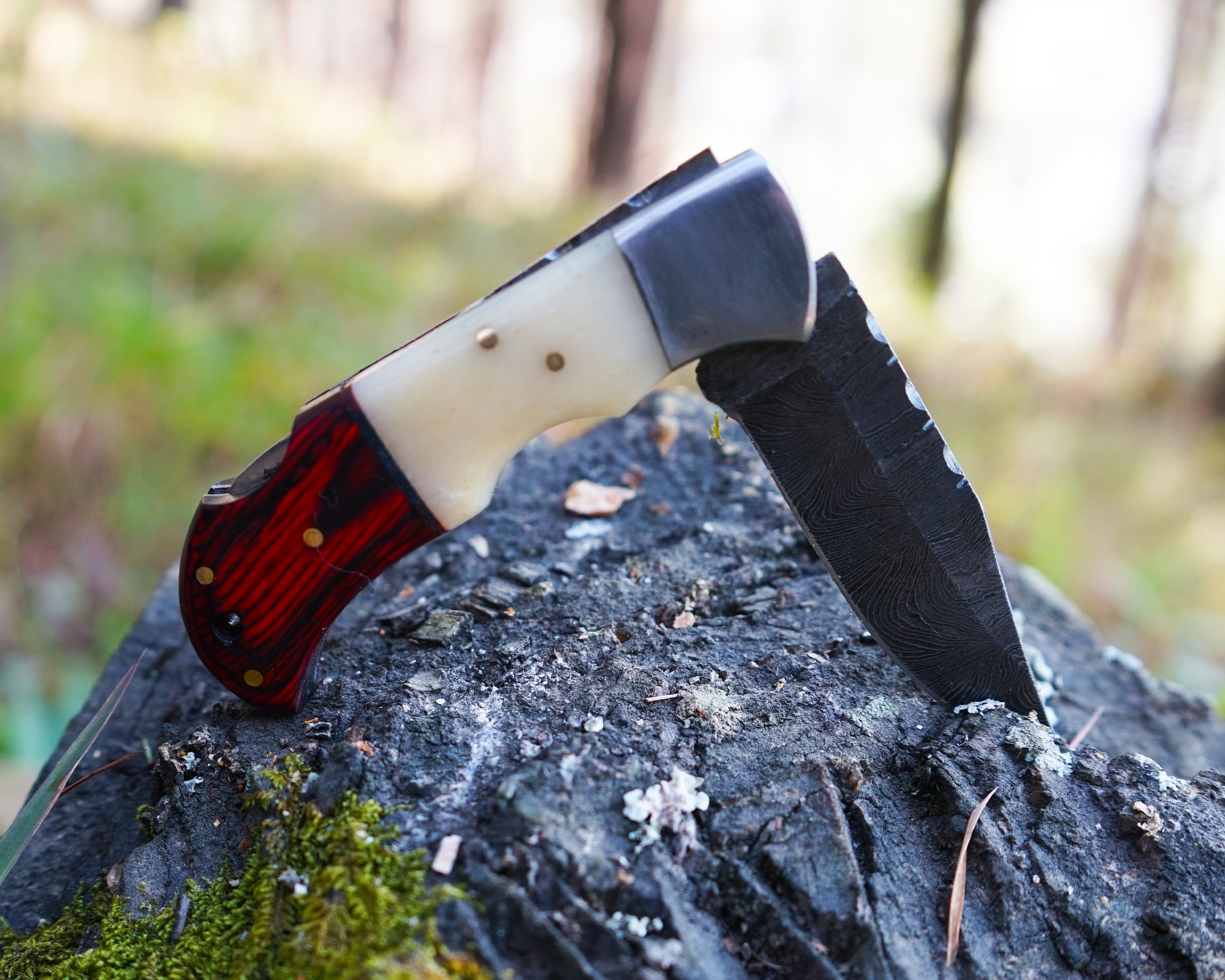 Premium Damascus Folding Knife – EDC Pocket Knife for Hunting and survival - Bone & Red Wood Handle - Comes with sheath