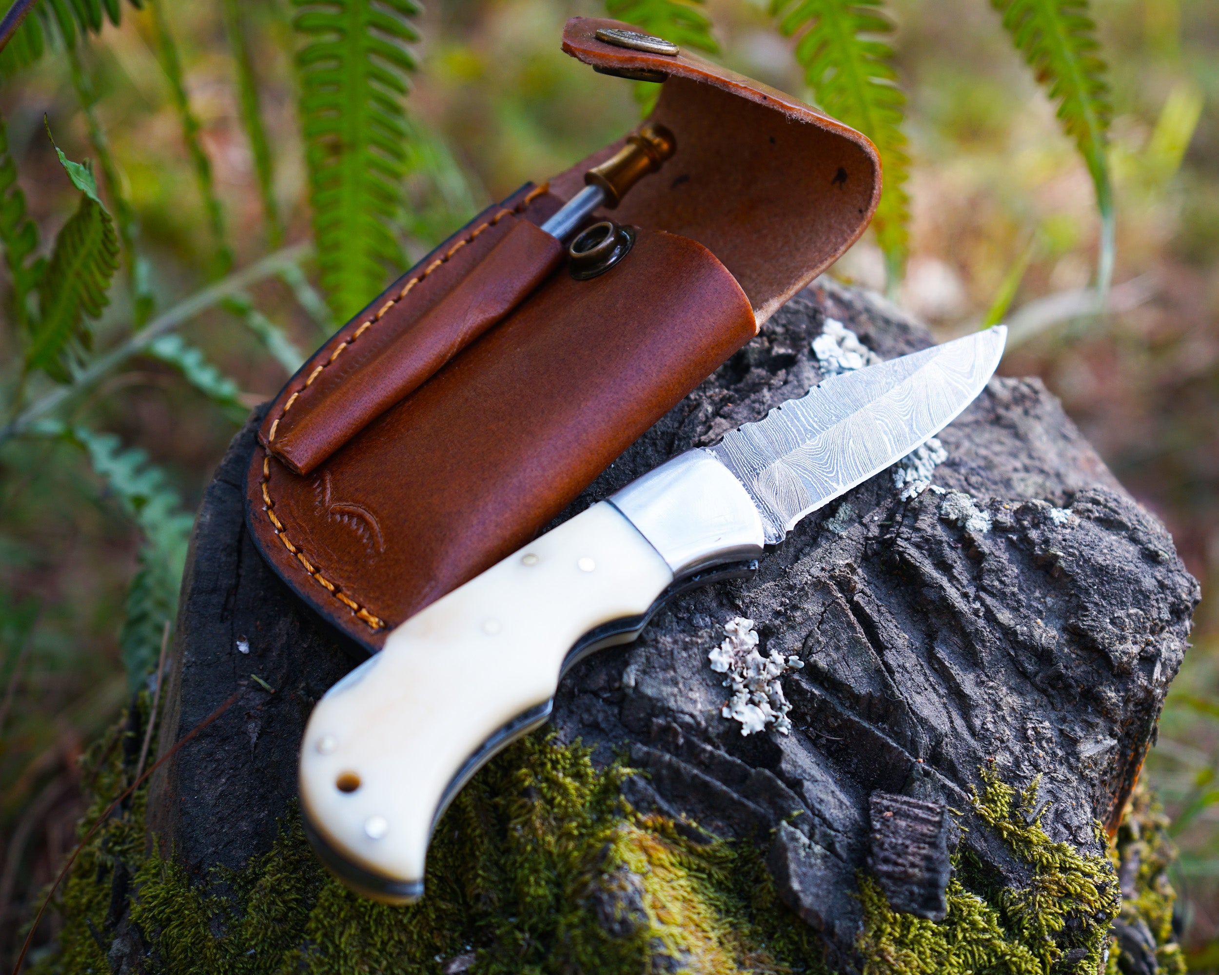 Handmade Damascus Folding Knife - Bone Handle, Razor Sharp EDC Pocket Knife, Premium Hunting, Survival, Outdoor and Collectible Blade