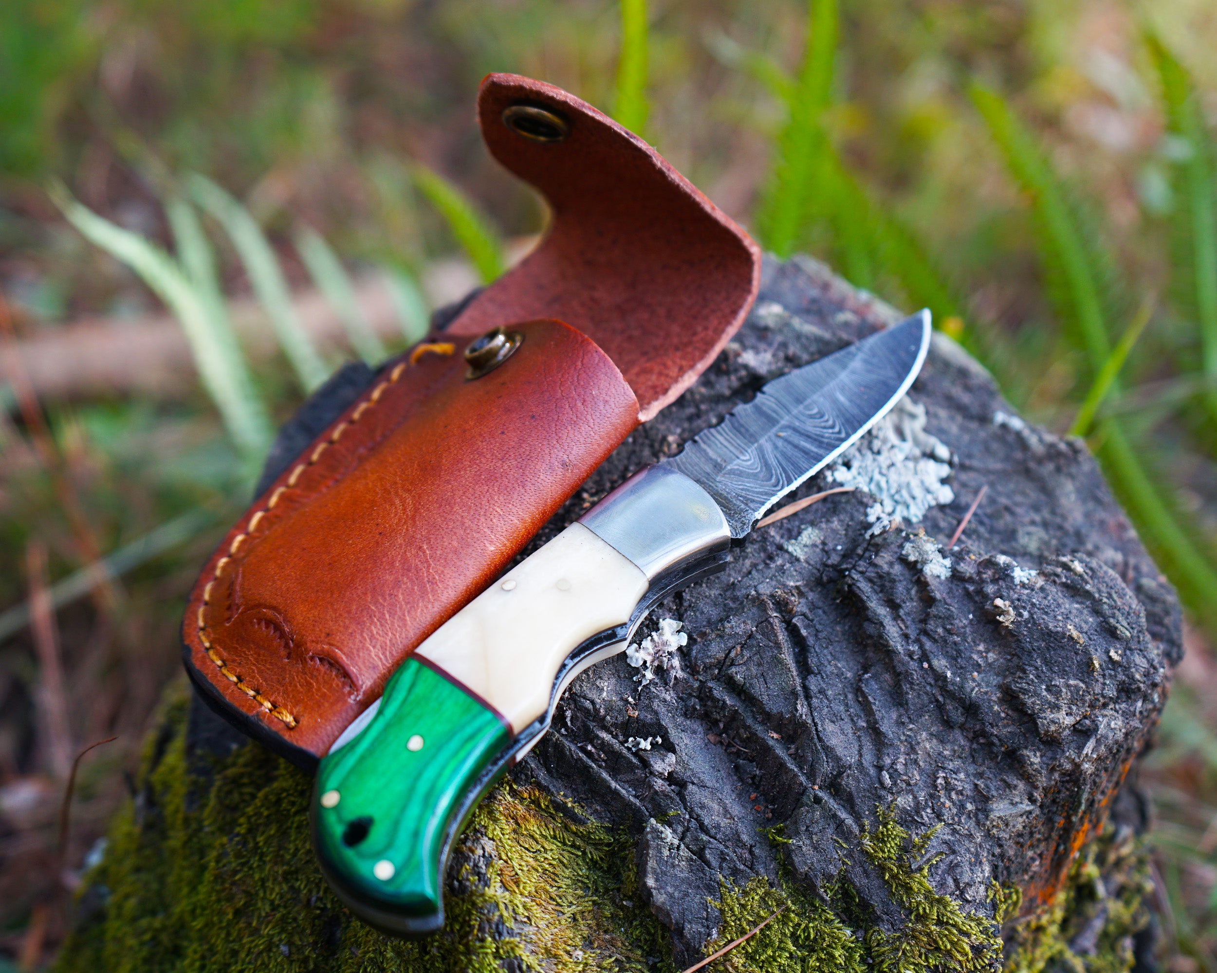 Handmade Damascus Folding Knife – Bone and Green Wood HandleSharp EDC Pocket Knife, Premium Hunting & Survival Blade