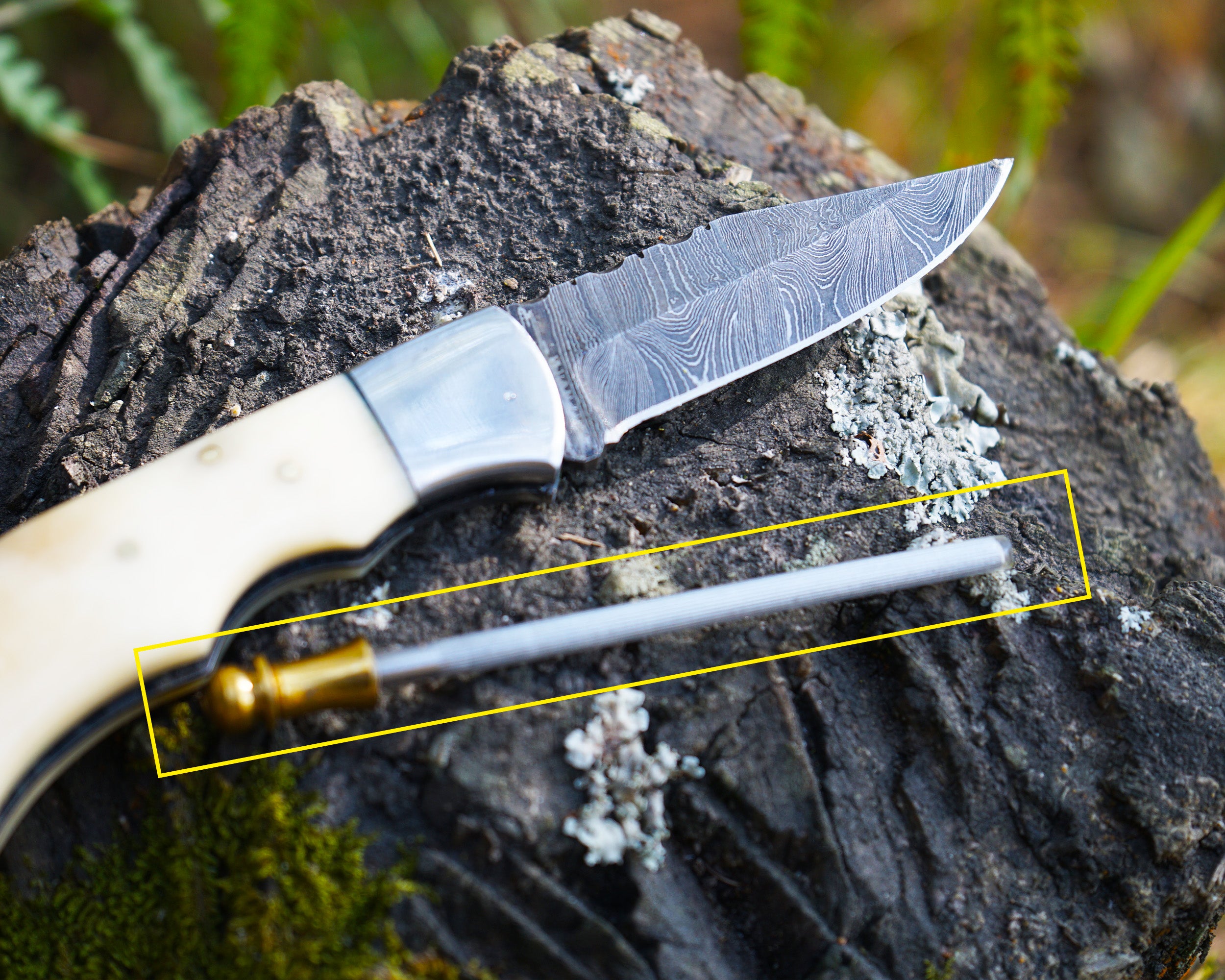 Handmade Damascus Folding Knife - Bone Handle, Razor Sharp EDC Pocket Knife, Premium Hunting, Survival, Outdoor and Collectible Blade