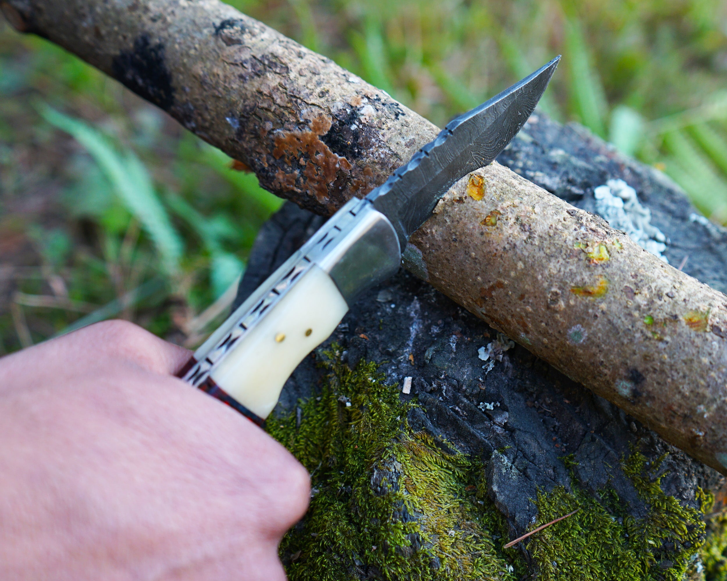 Premium Damascus Folding Knife – EDC Pocket Knife for Hunting and survival - Bone & Red Wood Handle - Comes with sheath