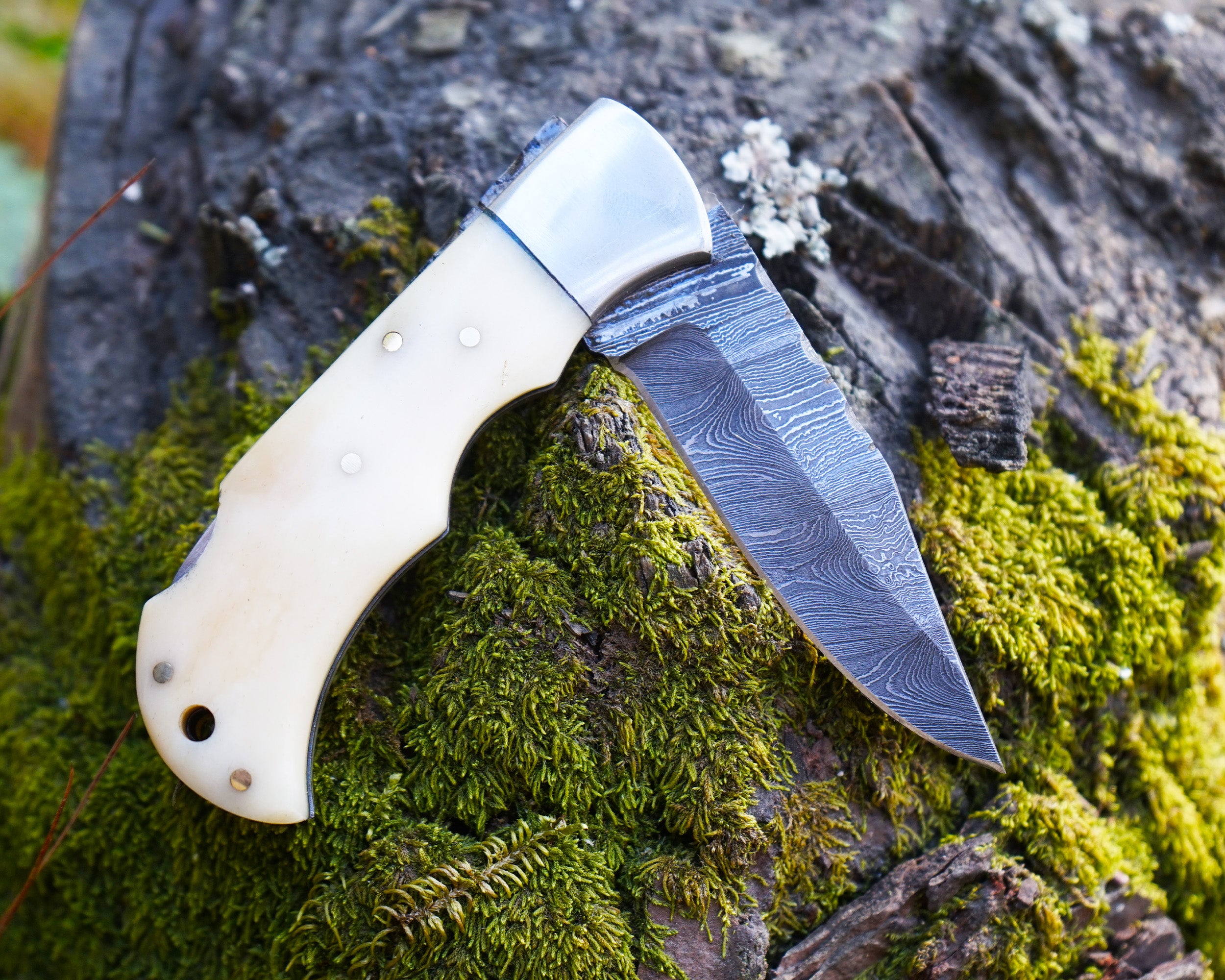Handmade Damascus Folding Knife - Bone Handle, Razor Sharp EDC Pocket Knife, Premium Hunting, Survival, Outdoor and Collectible Blade