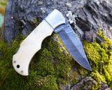 Handmade Damascus Folding Knife - Bone Handle, Razor Sharp EDC Pocket Knife, Premium Hunting, Survival, Outdoor and Collectible Blade