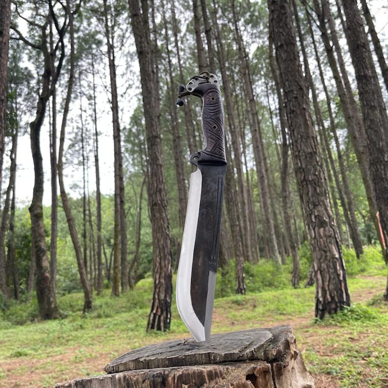 Decorative Nepali sword on a wooden stump in a forest for survival