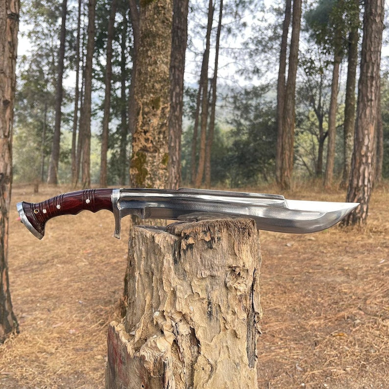 Decorative shining sword with a wooden handle on a tree stump in a forest for camping and protection setting