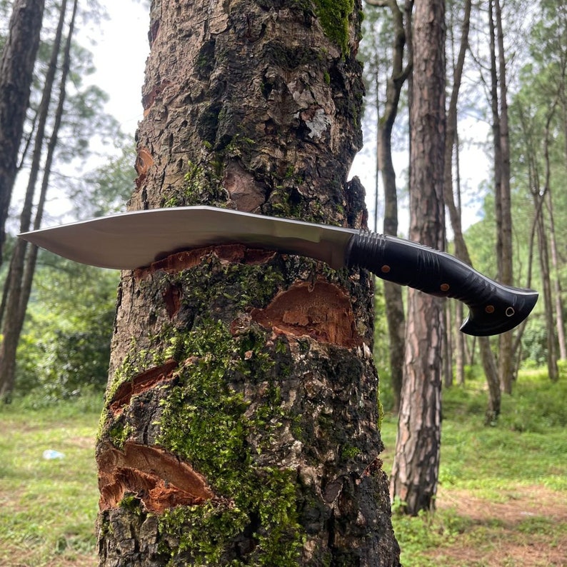Khukuri Knife with a black handle embedded in a tree trunk in a forest used for camping , collection and protection from wild life