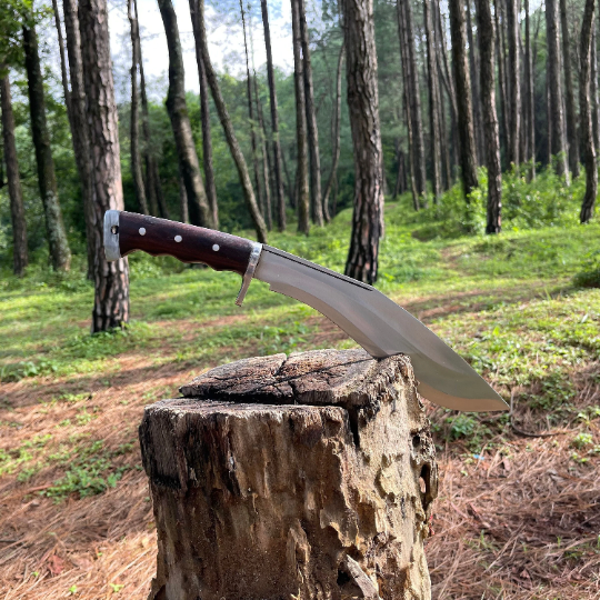 An 11-inch hand-forged carbon steel khukuri knife with a wooden handle, resting on a wooden stump in a natural outdoor setting.