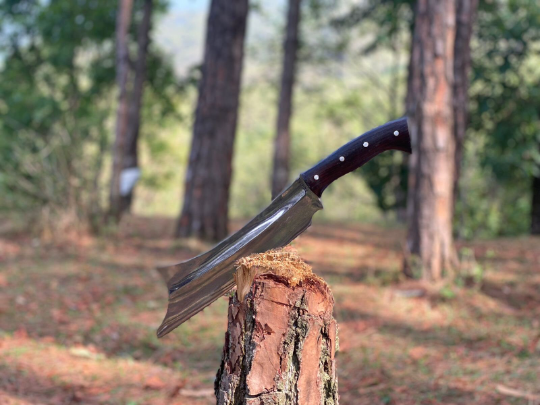 Traditional handmade cleaver knife from Nepal stucked in wooden log