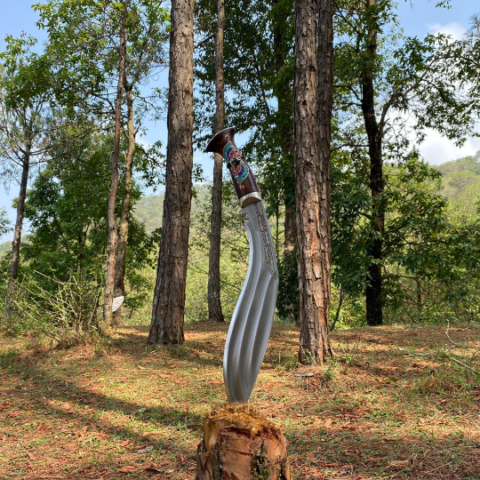 A 10 inch Farmer 3 Chirra Kukri knife with a hand-bitten Gurkha blade design, resting on a wooden stump in a natural outdoor setting with trees in the background.