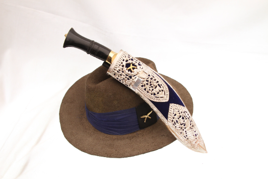 Kothimora Silver Kukri with Regimental Badges and Velvet Sheath with army hat