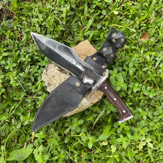 10-inch Tikau Kukri knife hand-forged from 5160 steel with rosewood handle and leather sheath