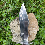 Hand-forged 5160 steel blade of 10-inch Tikau Kukri knife showing sharp edge and curved belly