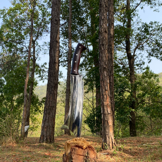 Traditional handmade cleaver knife from Nepal on wooden log shining and sharp blade