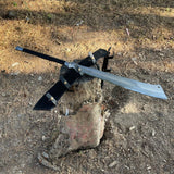 Machete with detailed carving on blade on a stump with a natural  setting background 