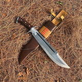 15‑inch hand‑forged Seax bushcraft knife made from 5160 carbon spring steel with leather sheath
