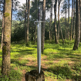 Sword standing on a stump in a forest setting Viking master sword displayed as collector's piece