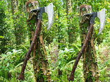 Two views of a double-edged axe on a tree stump in a forest setting.